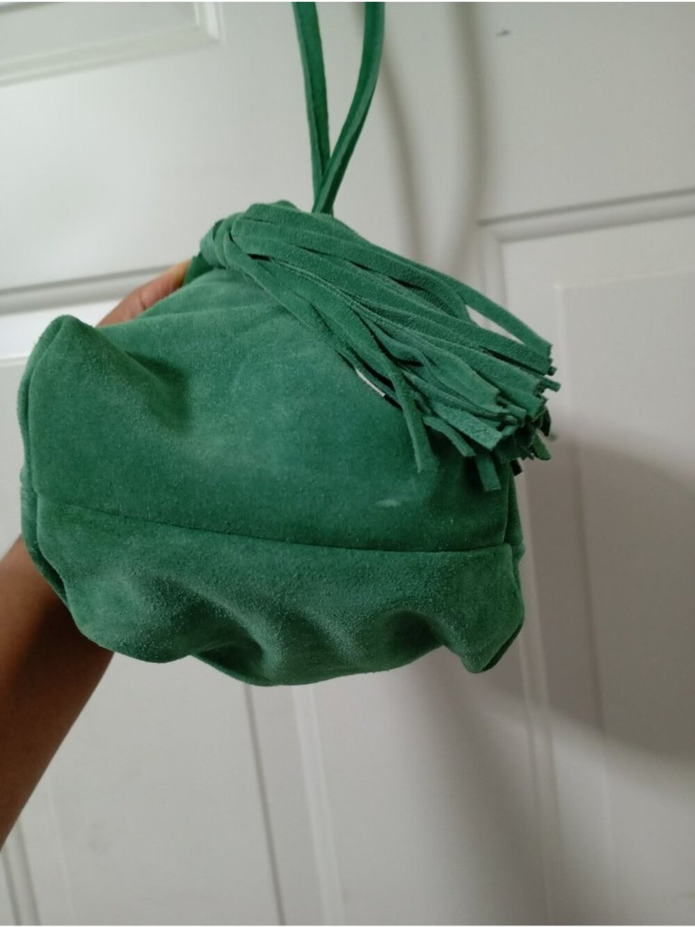 Zara Trafaluc Green Suede Fringe Crossbody Bag Cotton-Linen Drawstring Lining - Picture 11 of 11